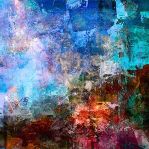 Abstract colorful textured painting with blue and red
