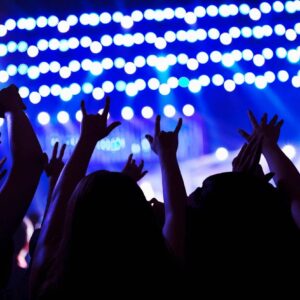 Silhouetted concert crowd with hands raised